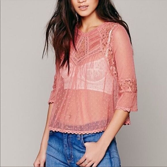 Free People Modern Romance Rose Pink Sheer Lace Top Boho Size XS - Picture 3 of 9